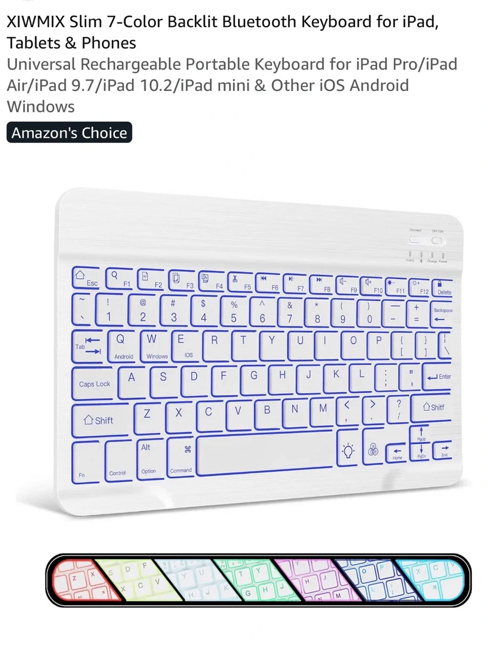 Slim Bluetooth Keyboard with 7-Color Backlight — White